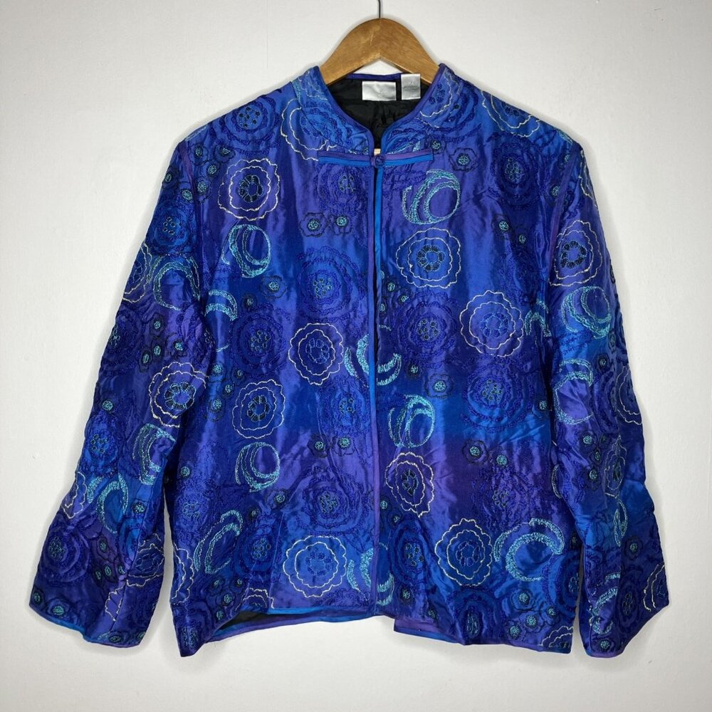 Chicos Silk Jacket Embroidered Indigo Blue Purple Women's Size 3 XL